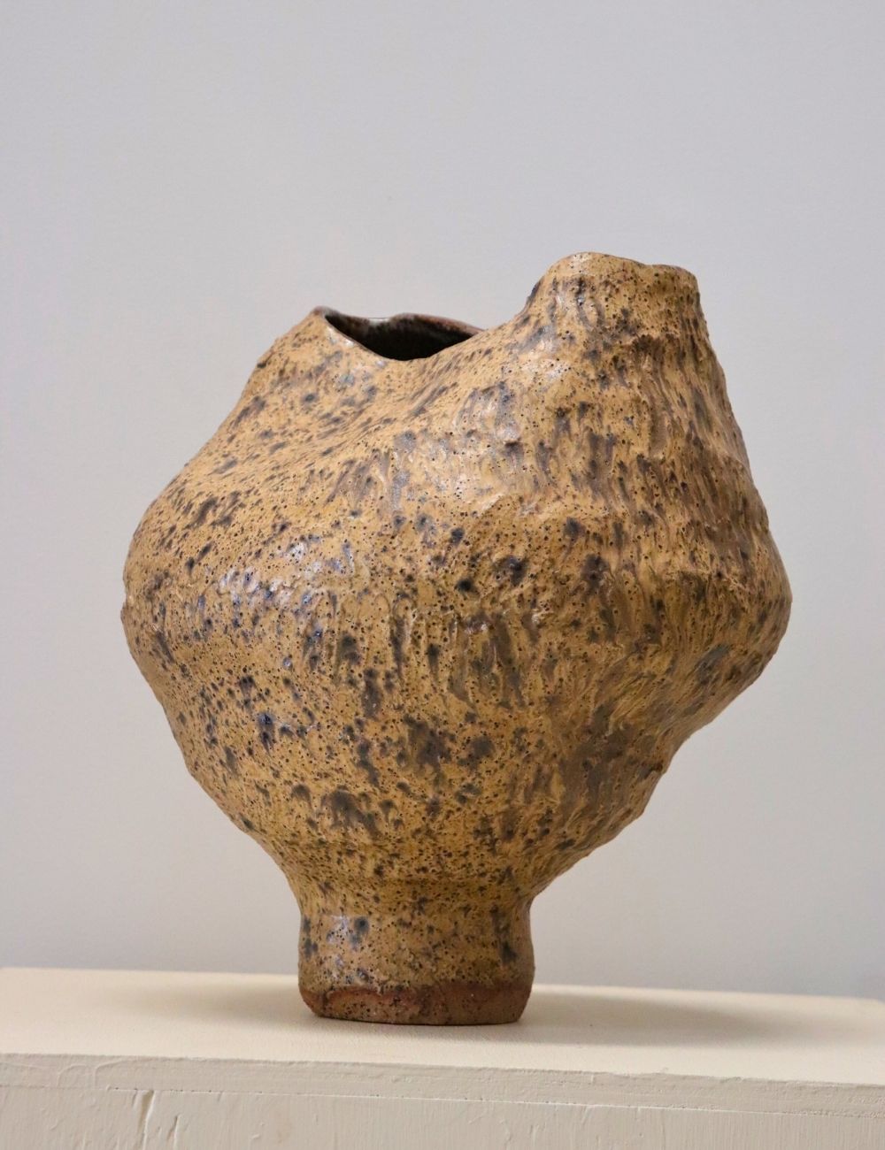 beige large pot with dark speckles in front of a white wall